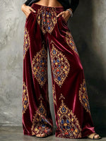 Bohemi-stila Ornamita Presita Velura Larĝkrura Pantalono Kun Elasta Talio