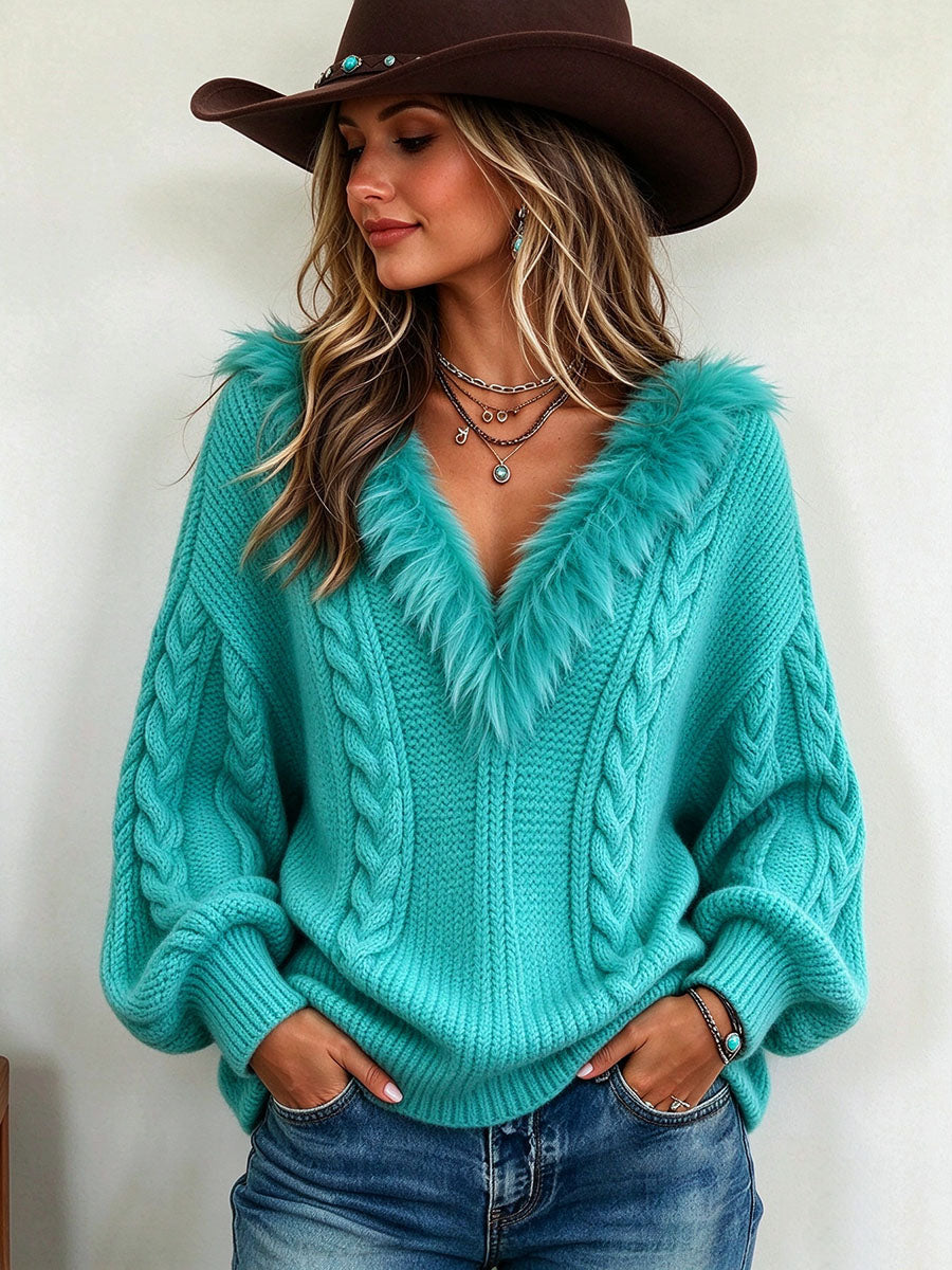 Suéter extragrande de punto trenzado con ribete de piel sintética Boho Chic