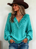 Suéter extragrande de punto trenzado con ribete de piel sintética Boho Chic