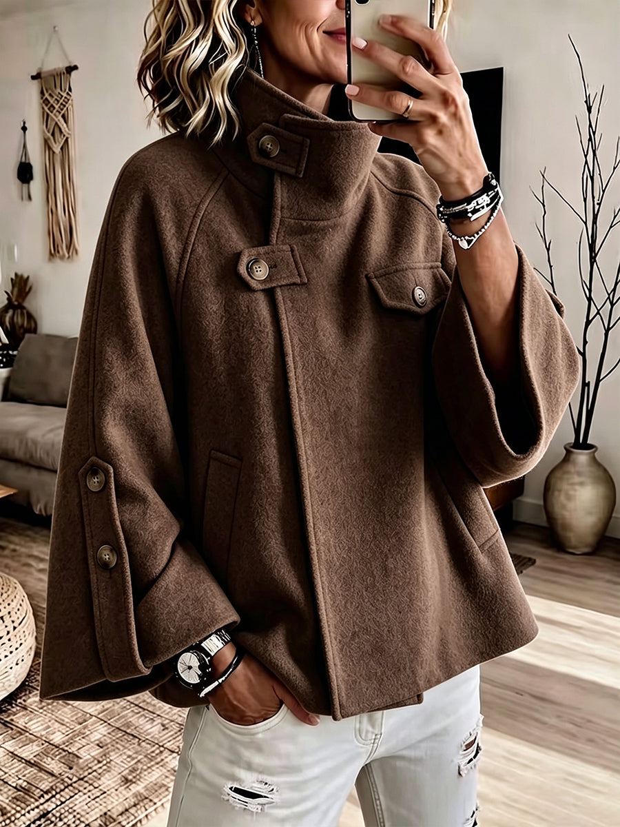 Cozy Button-Accented Wool-Blend Cape Coat