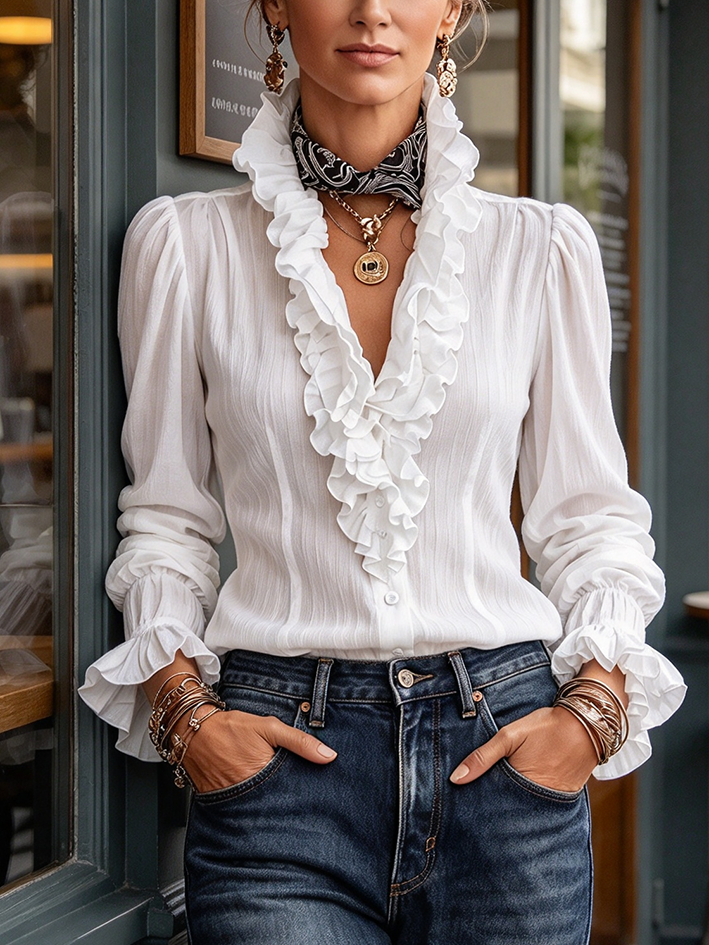Elegante top in misto cotone con volant e volant