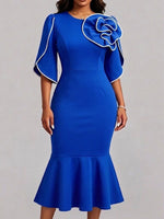 3d Floral Applique Flare Sleeve Mermaid Midi Dress