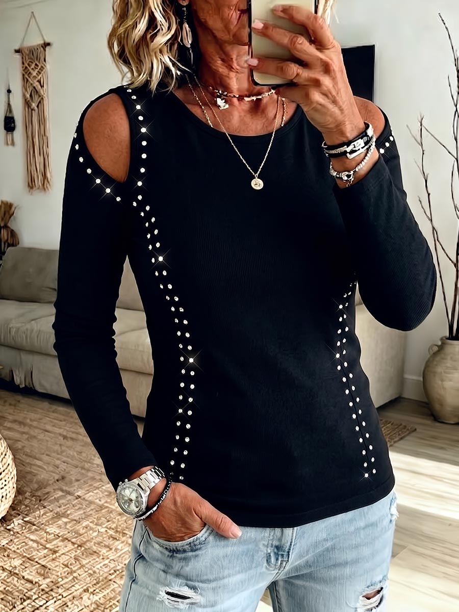 Women's Solid Color Crew Neck Cold-Shoulder Long-Sleeve Loose Casual Rhinestone-Embellished Top