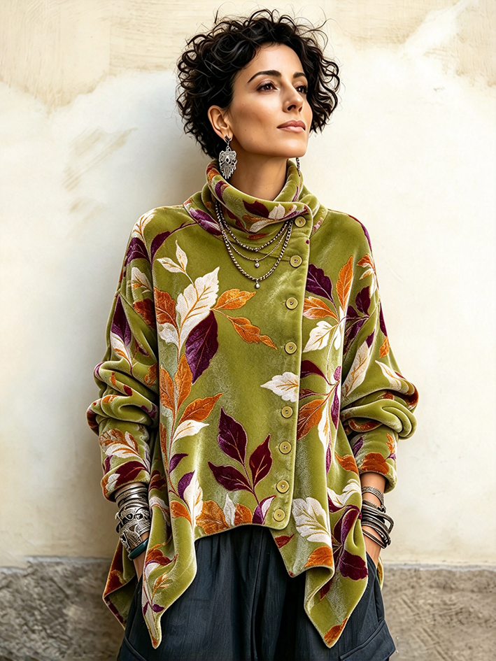 Vintage Folia Presita Nesimetria Butono Turtleneck Top