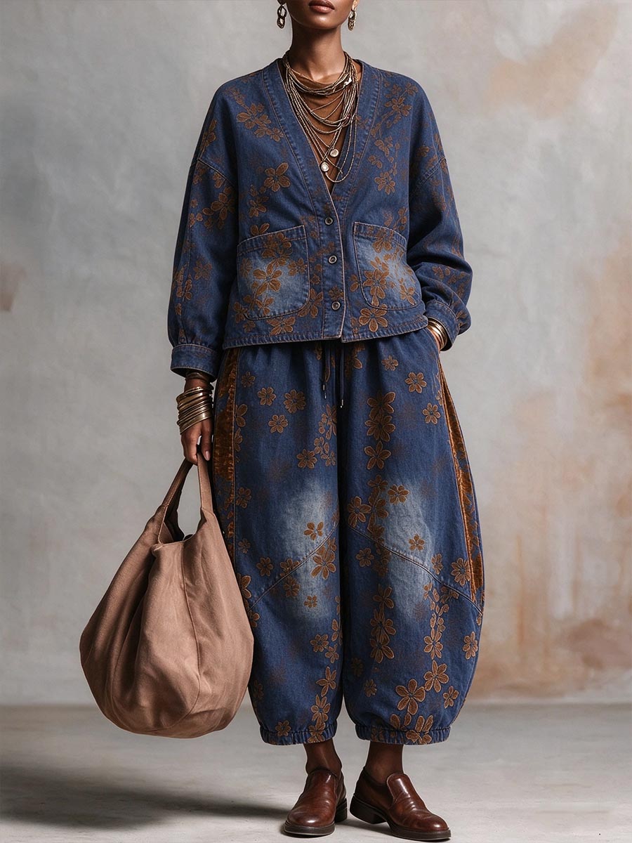 Set da donna in due pezzi di denim con stampa floreale vintage
