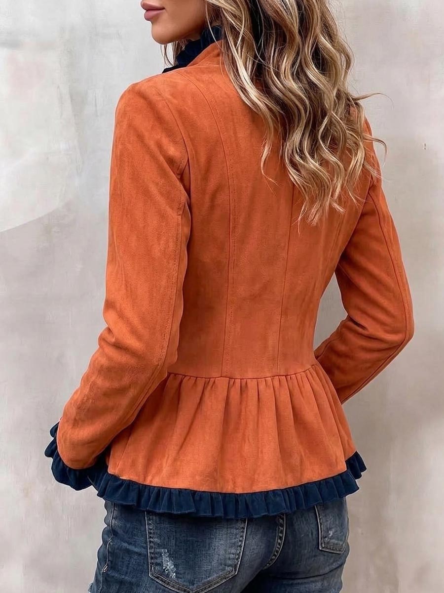 Vintage-Jacke für Damen im Wildleder-Look mit Schößchen und Rüschenbesatz.
