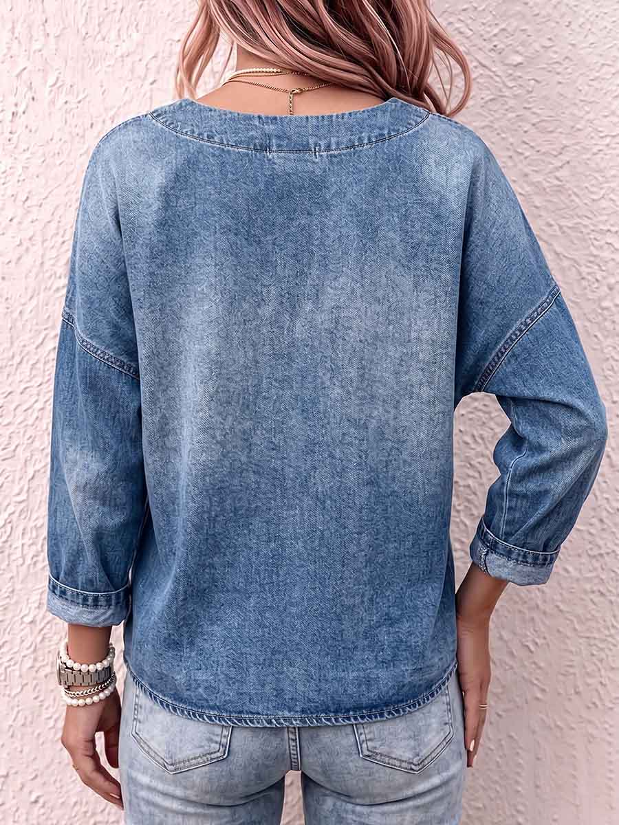Women's V-neck Long-sleeved Casual Loose Denim Top