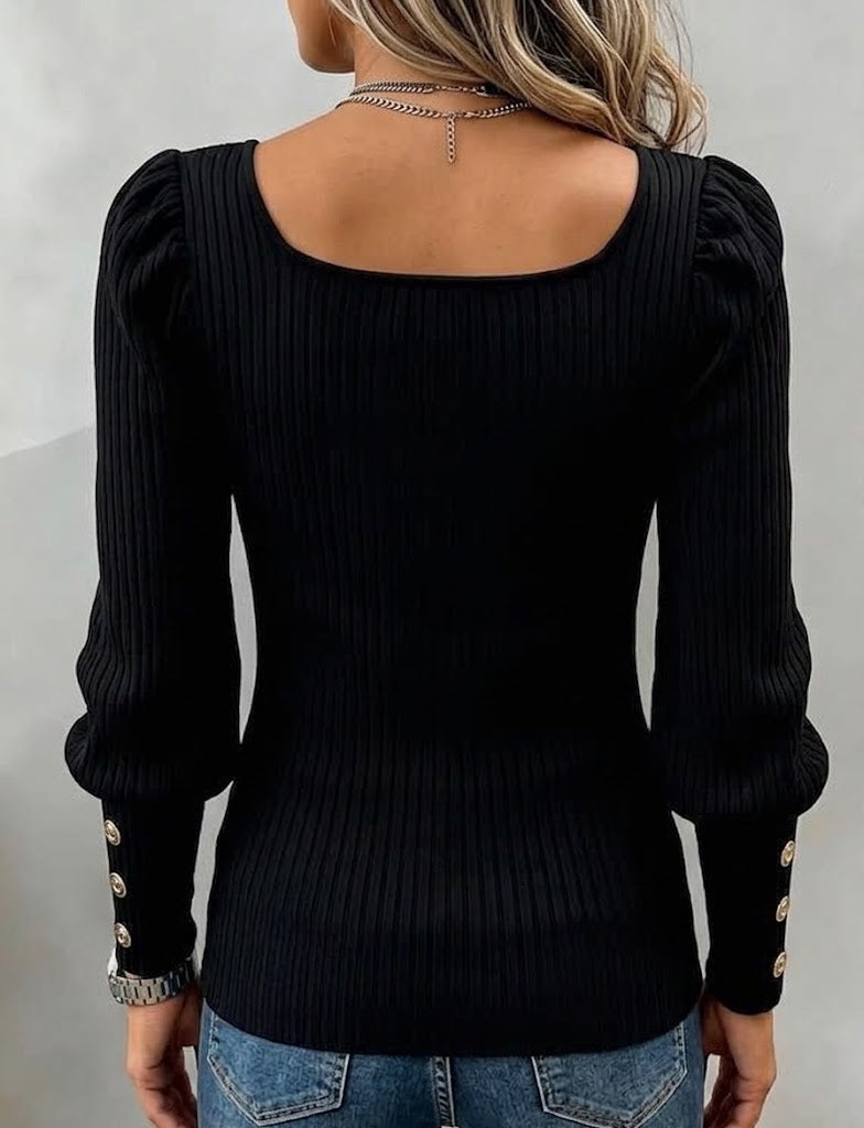 Top chic in maglia a coste con scollo quadrato e maniche a sbuffo