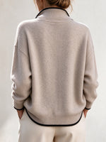 Cozy Knit Top With Contrast-color Piping At The Neckline