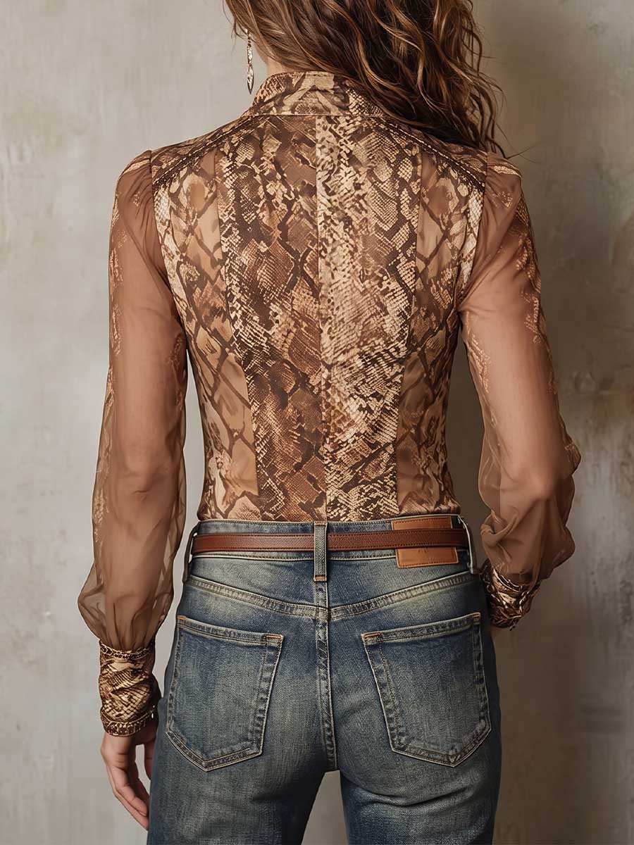 Women's Retro Print Stand Collar Long Sleeve Casual Loose Stretch Mesh Patchwork Cardigan