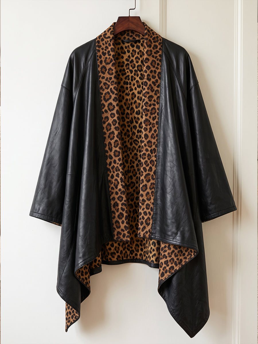 Cardigan in finta pelle con stampa leopardata tagliente