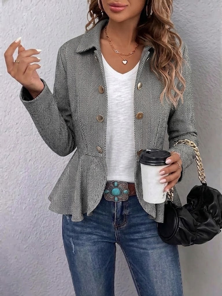 Fitted Double-breasted Blazer With Lapel, Jacquard Pattern, And Ruffle Detail
