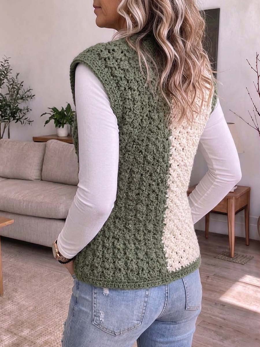 Zweifarbige, diagonal gehäkelte Strickweste für Damen mit Farbblockmuster