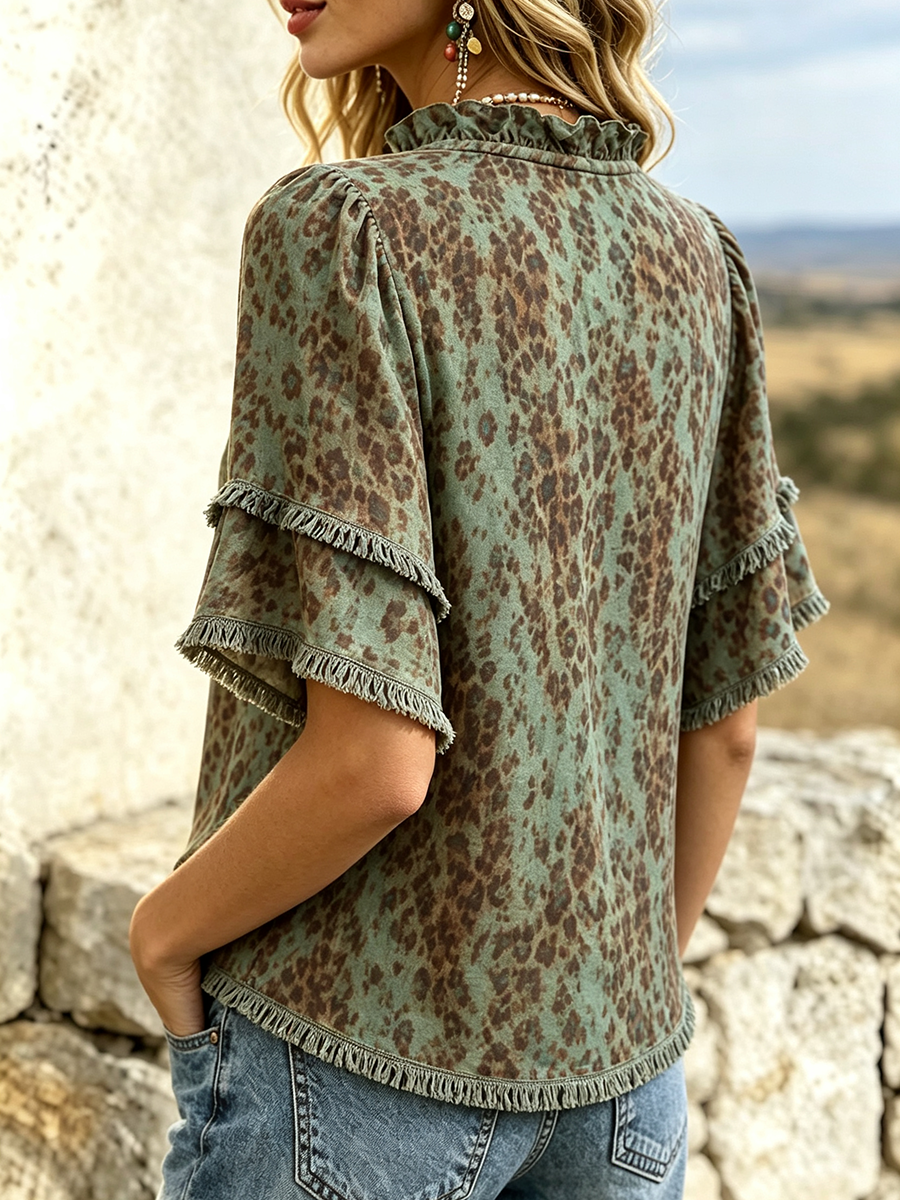 Boho Casual Vacation Leopard Print Ruffled Short-sleeve Top