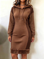 Cozy, Casual Hooded Cotton Sweatshirt Dress With Faux-fur Trim.
