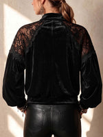 Women's solid color stand collar long-sleeved casual loose velvet patchwork lace coat