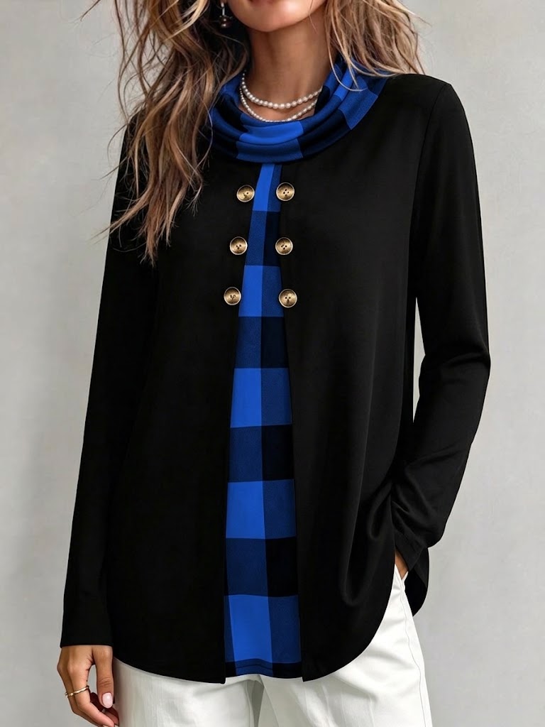 Long-sleeve Top With A Mock-neck, Plaid-patterned "faux-layered" Design