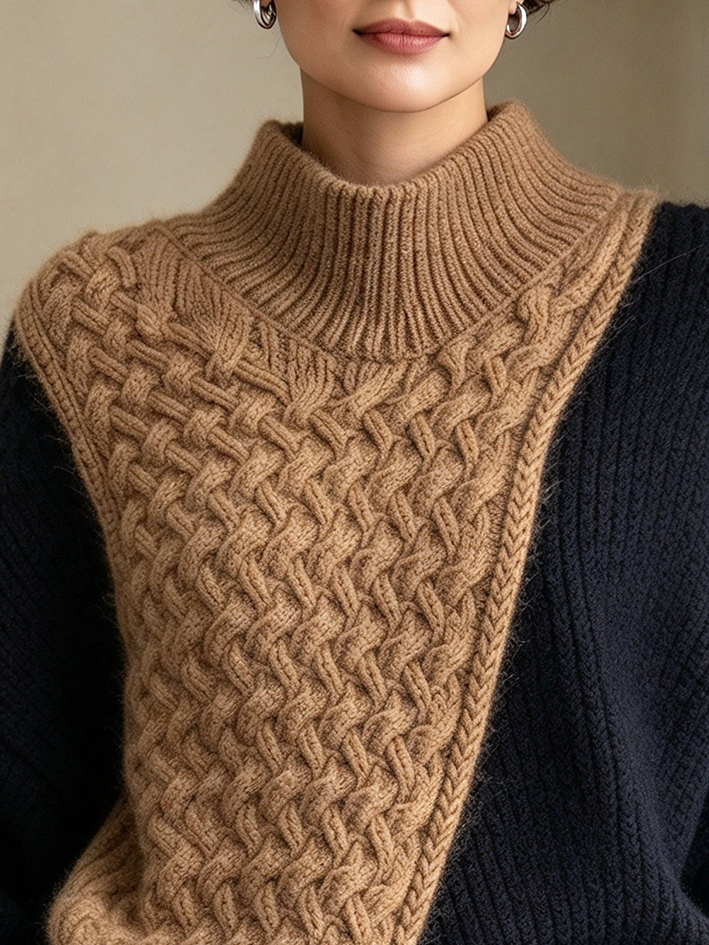 Moderner, gemütlicher Colorblock-Pullover mit Zopfmuster und Stehkragen
