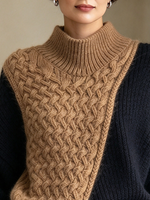 Moderner, gemütlicher Colorblock-Pullover mit Zopfmuster und Stehkragen