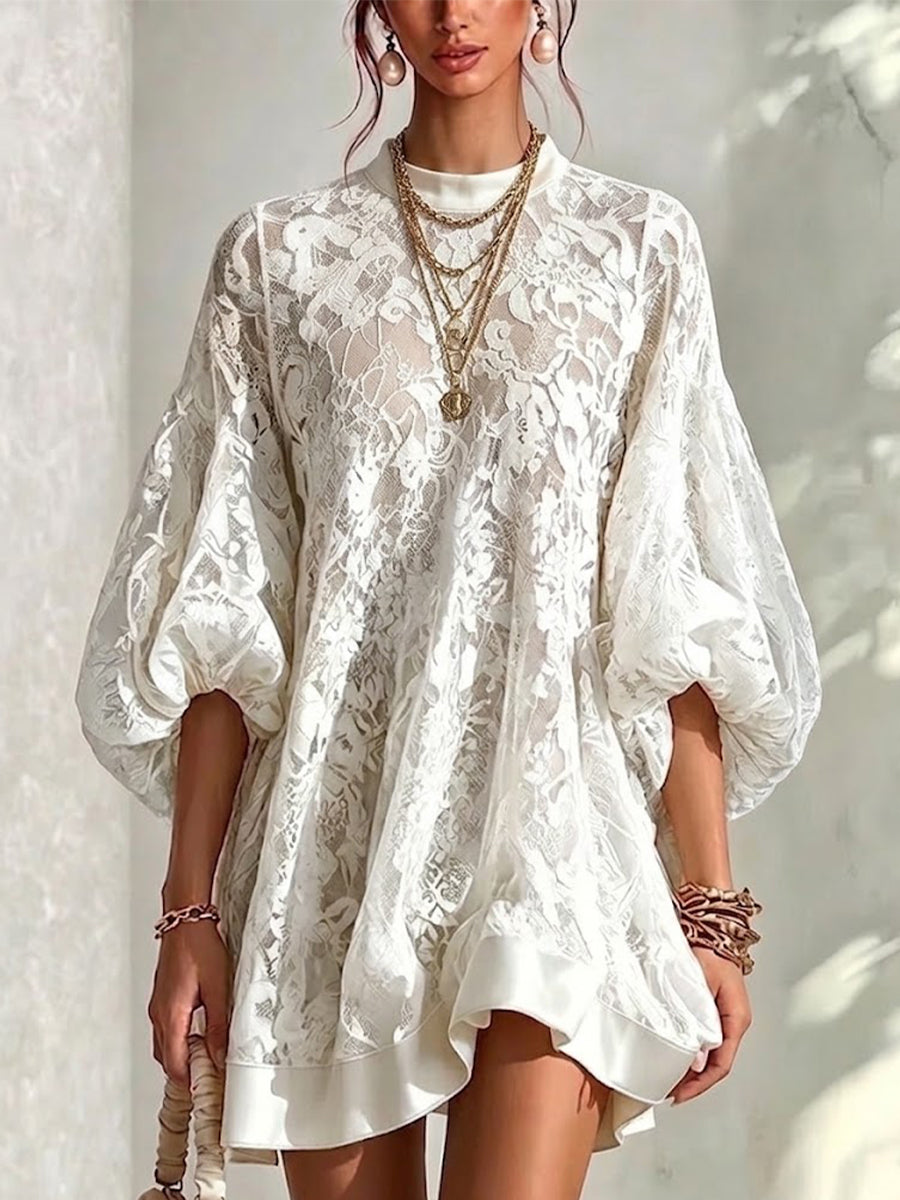 Casual Loose-fit Puff-sleeve Lace Dress