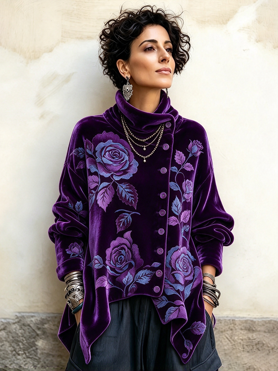 Top in velluto abbottonato asimmetrico con eleganti stampe floreali di rose