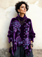 Top in velluto abbottonato asimmetrico con eleganti stampe floreali di rose