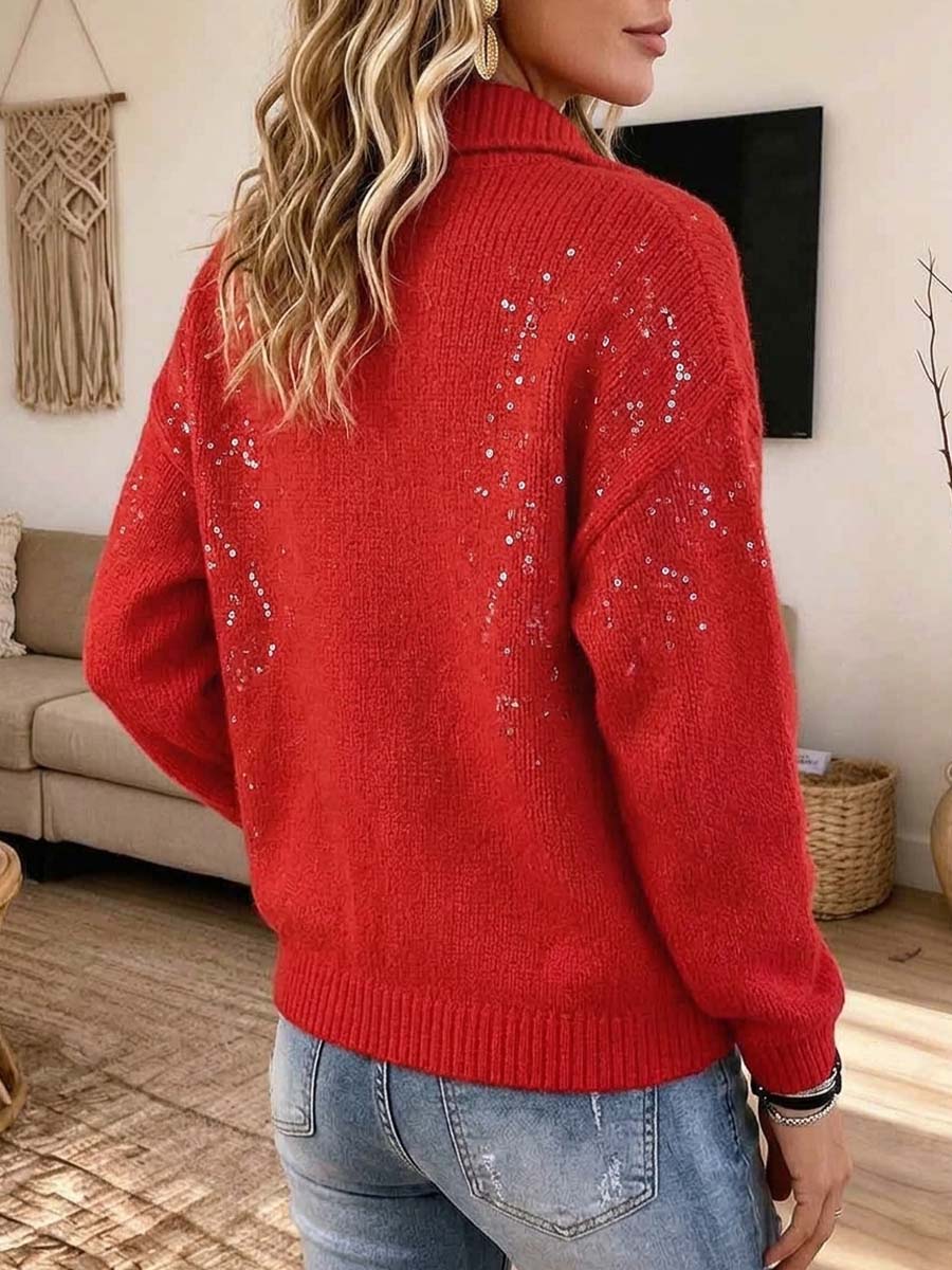 Women's Sparkly Sequin Red Zip-up Knit Sweater Jacket