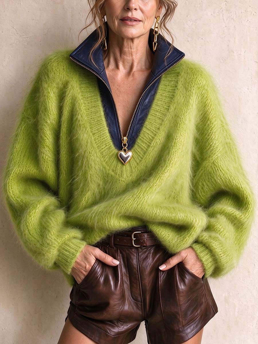 Maglione pullover con zip a un quarto fuzzy verde lime da donna