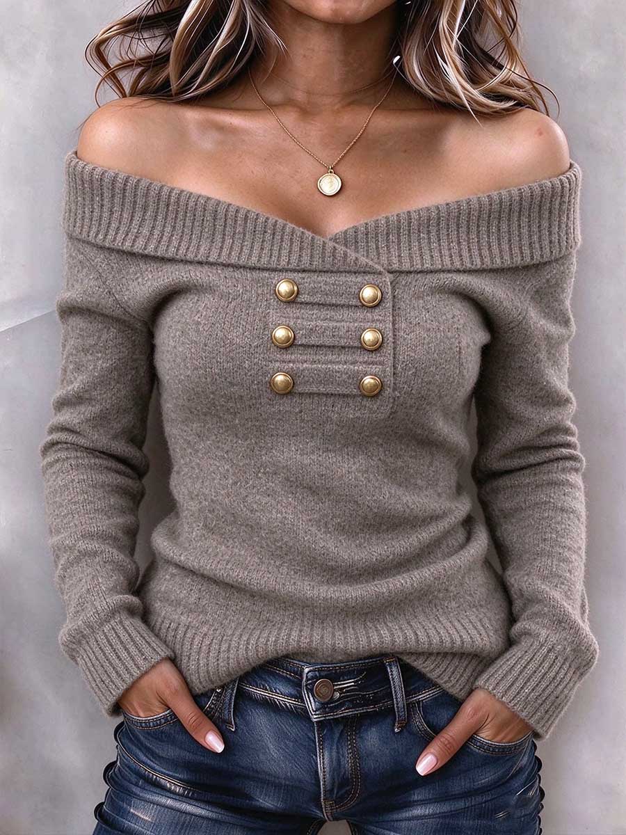 Suéter de punto con detalle de botones y hombros descubiertos color topo para mujer