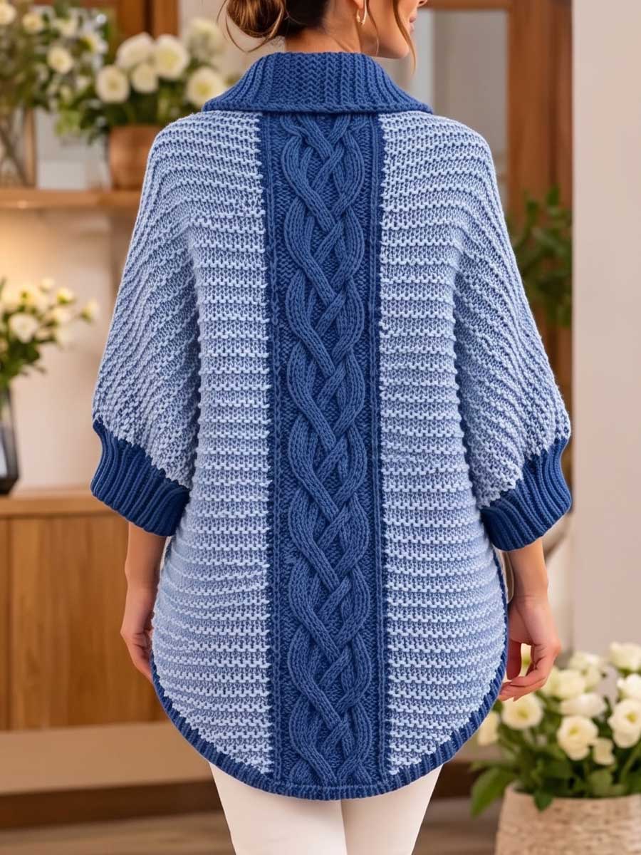 Women's Long-sleeve Color-block Knit Cardigan With Lapel (brooch Not Included)