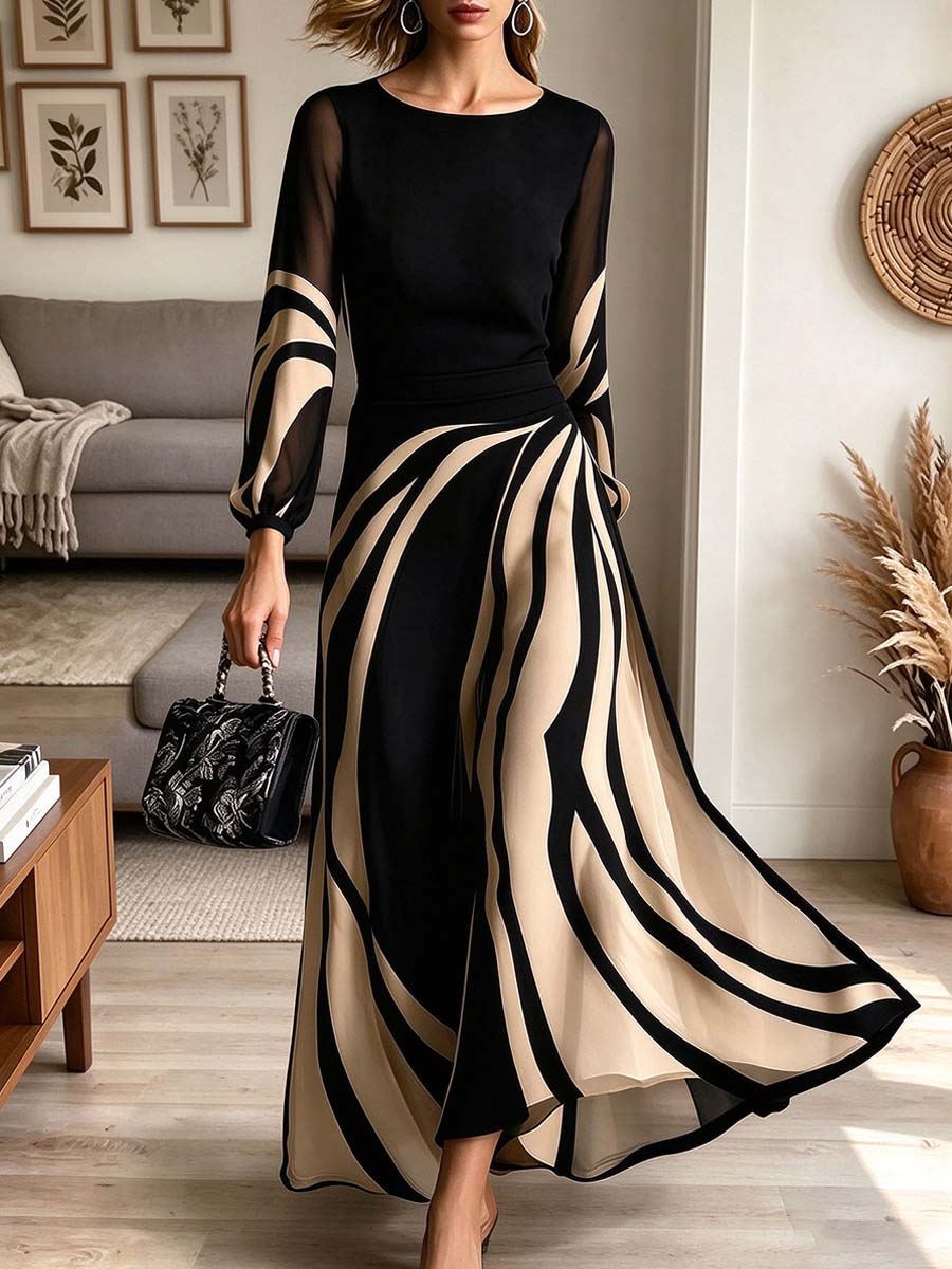 Abito lungo elegante a maniche lunghe velato a righe astratte da donna