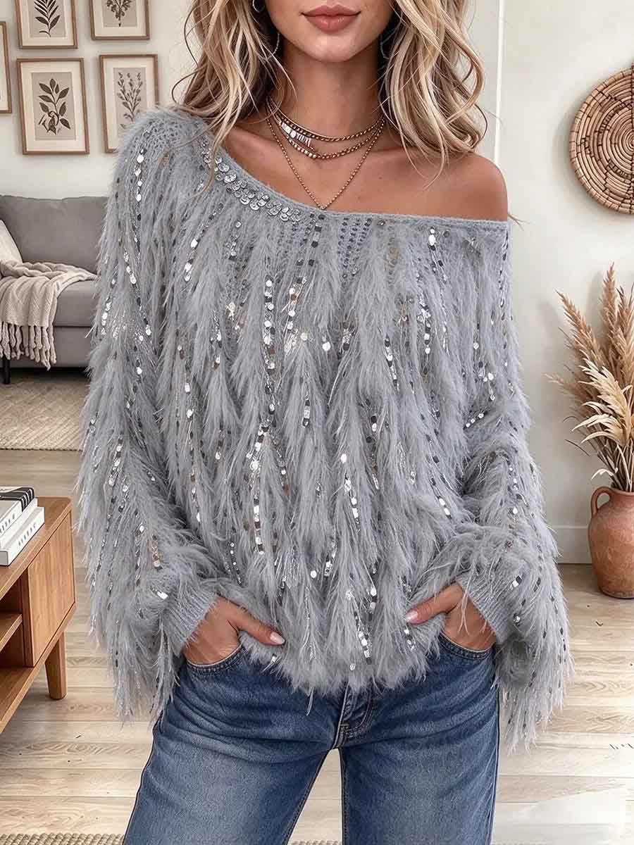 Flauschiger, mit Pailletten verzierter One-Shoulder-Pullover für Damen