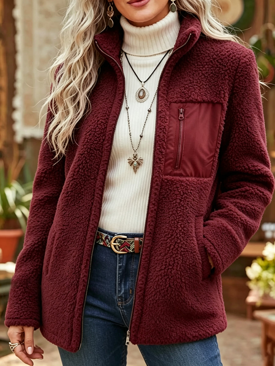Casual And Comfortable Zip-up Teddy Fleece Jacket With Patch Pockets