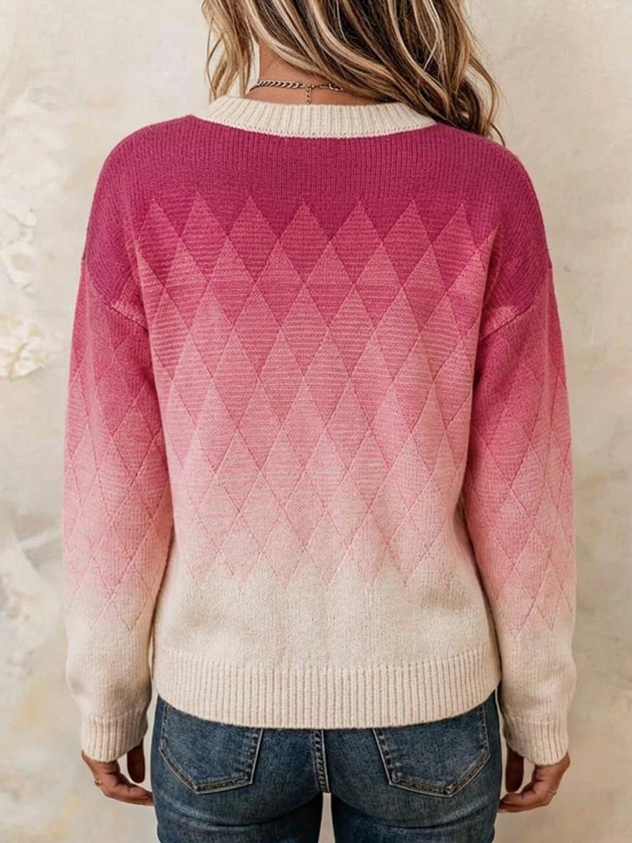 Women's Loose-fit Long-sleeve Knit Cardigan With Gradient Argyle Pattern And Crew Neck