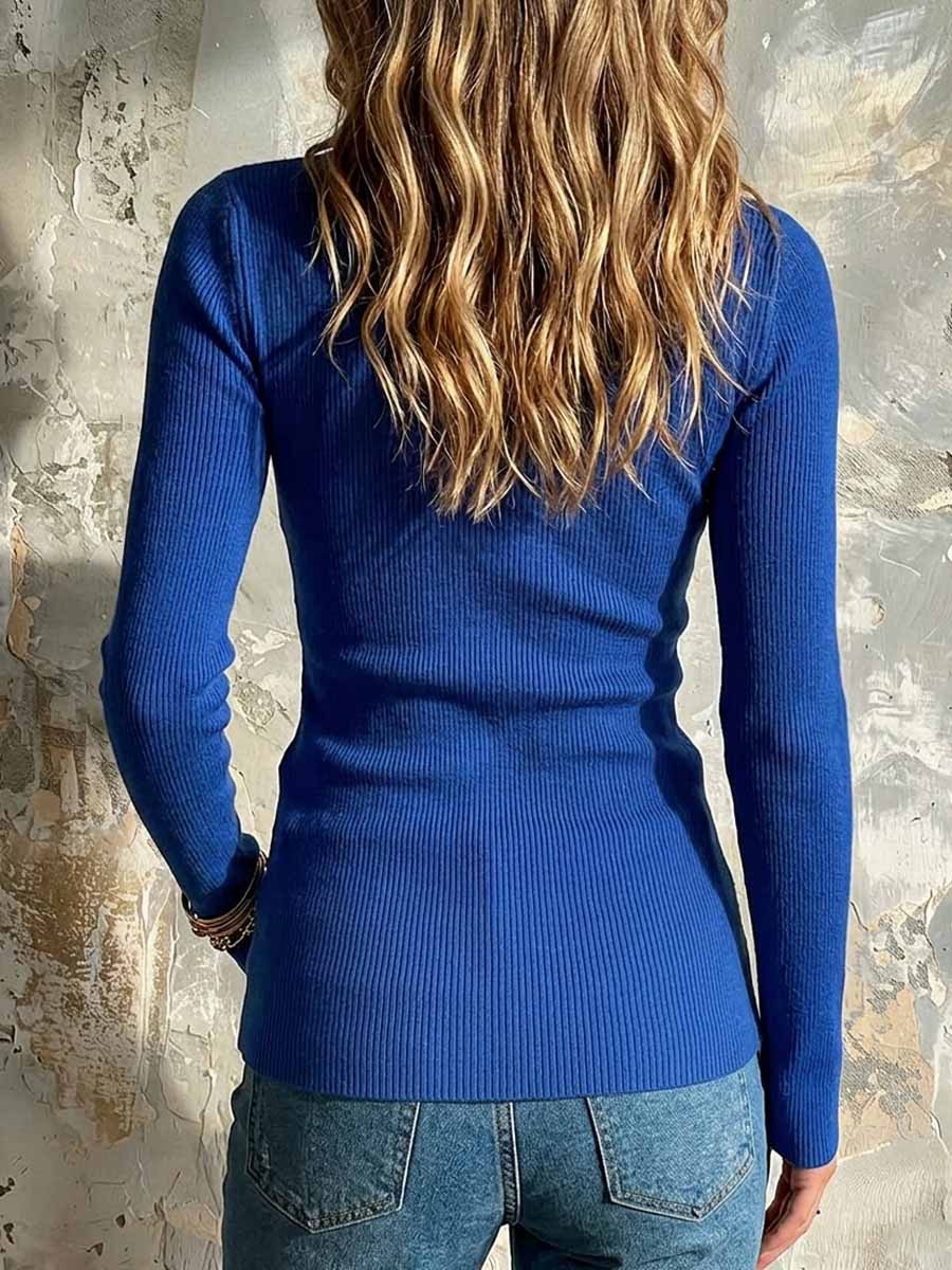 Virina Reĝa Blua Nesimetria Volva Ribbed Knit Top