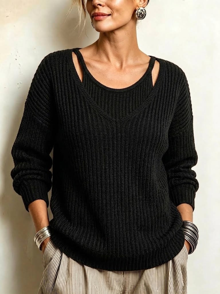 Ribbed Knit Top With A V-neck, Cut-out Shoulders, And A Faux-layered Design