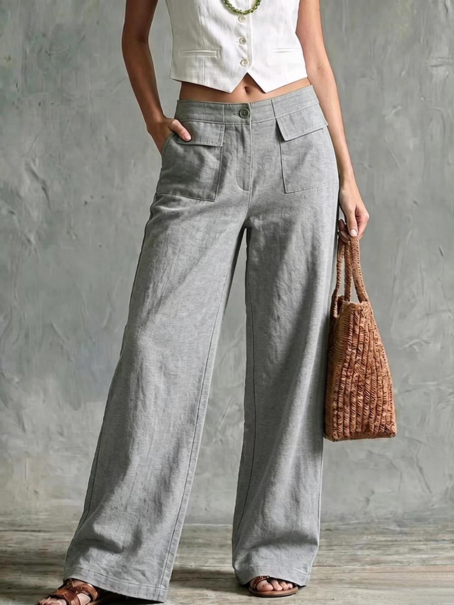 Women's Solid Color High-waisted Casual Loose Cotton Linen Wide-leg Pants