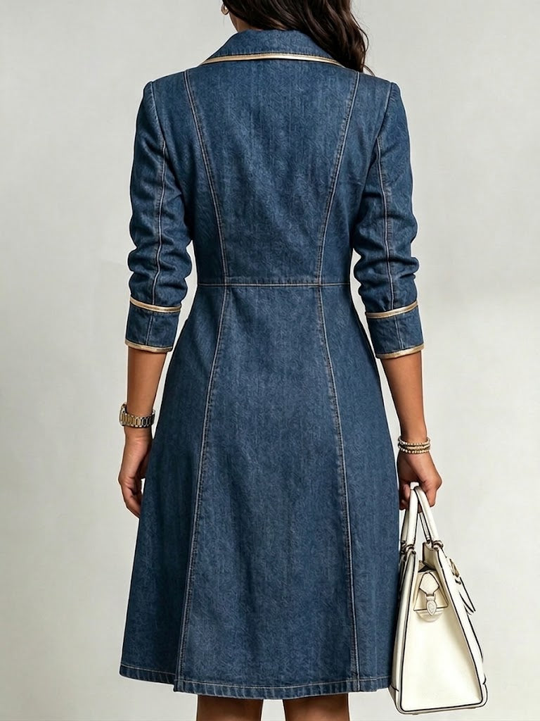 Stylish Slim-fit Denim Zip-front Dress Featuring Gold Piping And Metal Eyelet Details.
