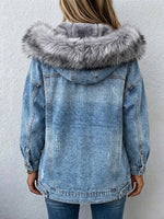 Casual, Warm, Distressed Denim Jacket With A Faux-fur Lining And Hood.