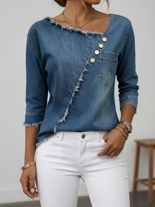 Refined Raw-Edge Asymmetrical Denim Tunic