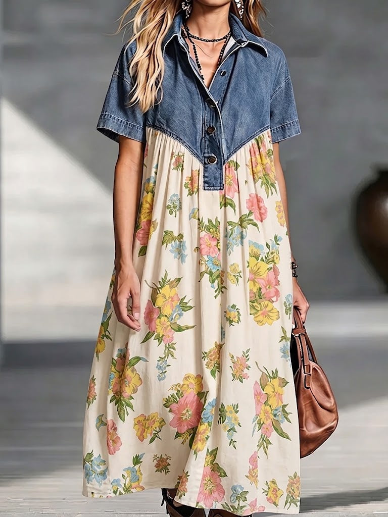 Cozy Floral-patchwork Denim-cotton Dress