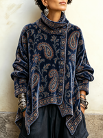 Virina Vintage Paisley Velura Koluko-Supro - Malsimetria Butono Antaŭa Drapirita Tunika Bluzo