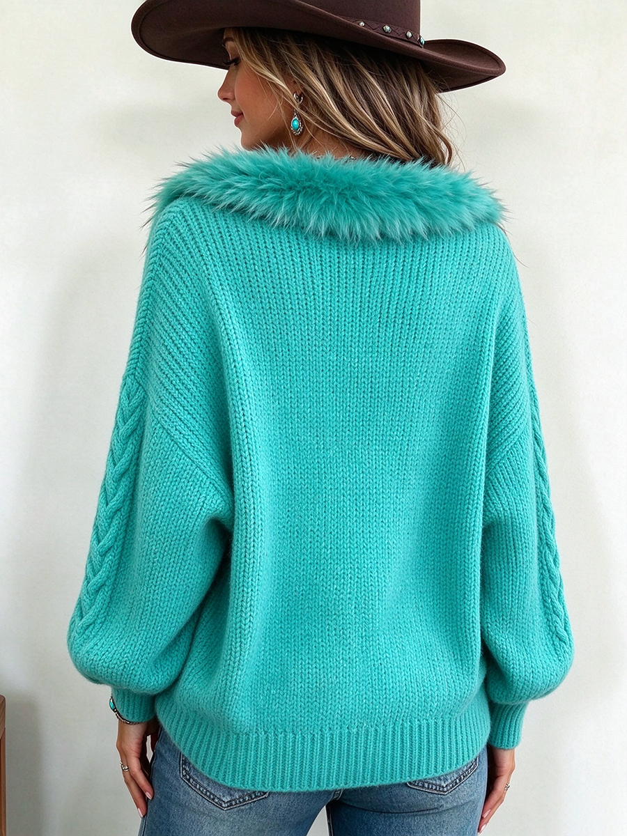 Suéter extragrande de punto trenzado con ribete de piel sintética Boho Chic
