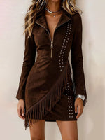 Women's Solid Color Lapel Long-sleeve Loose Casual Faux Suede Dress With Studs And Tassels