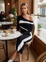 Elegant One-shoulder Black And White Color-block Ribbed Knit Midi Dress