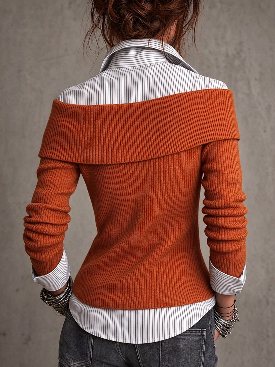 Top chic a strati finti a righe con pannelli in maglia a coste