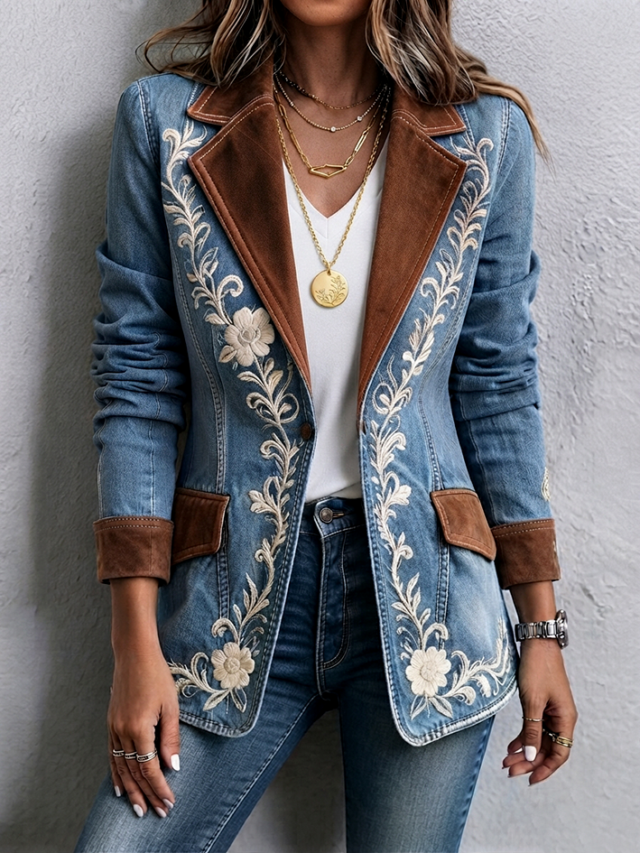 Boho-chic Embroidered Denim Blazer With Faux Suede Trim