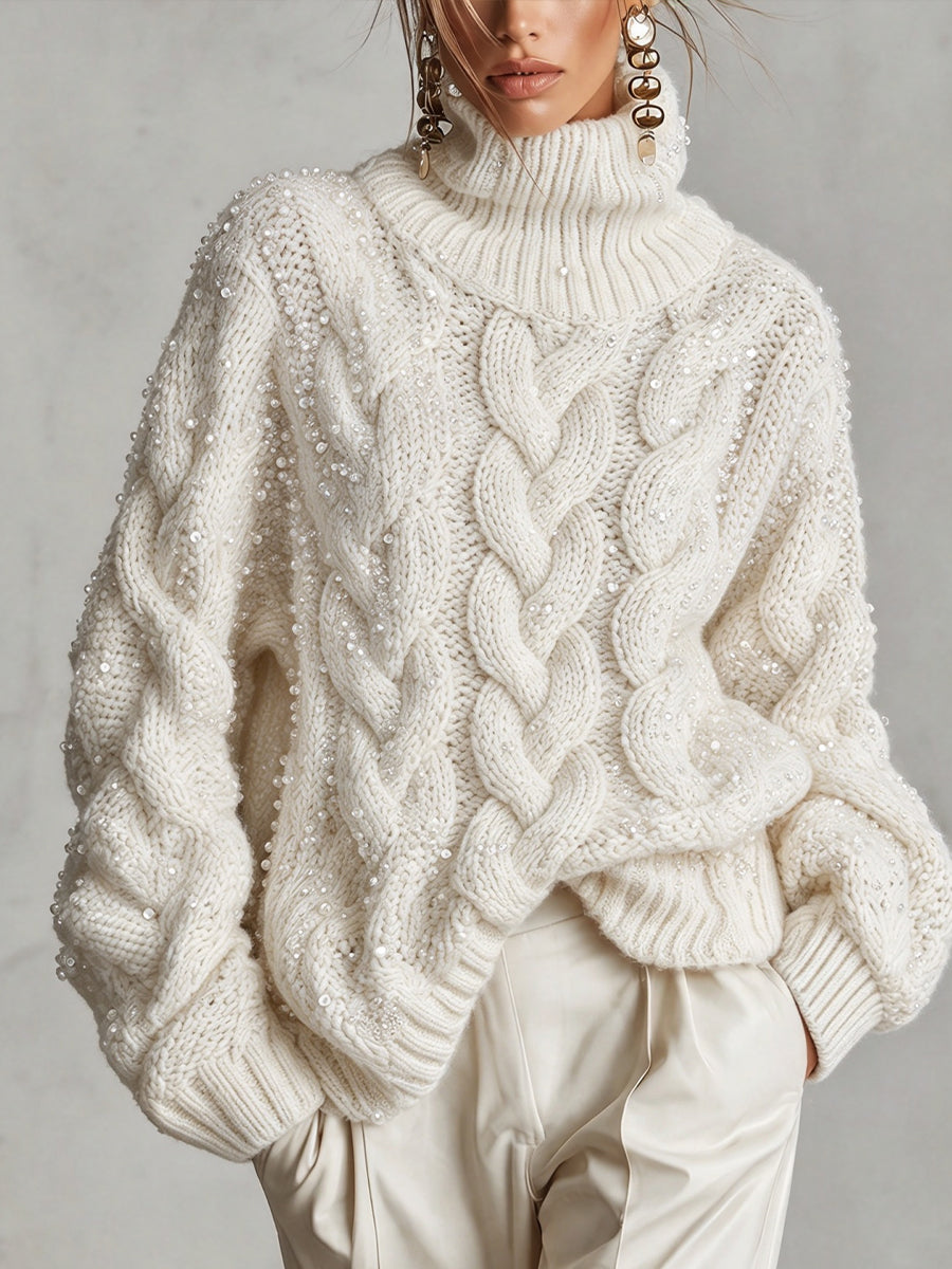 Kuscheliger und warmer Rollkragenpullover mit Pailletten und Zopfmuster