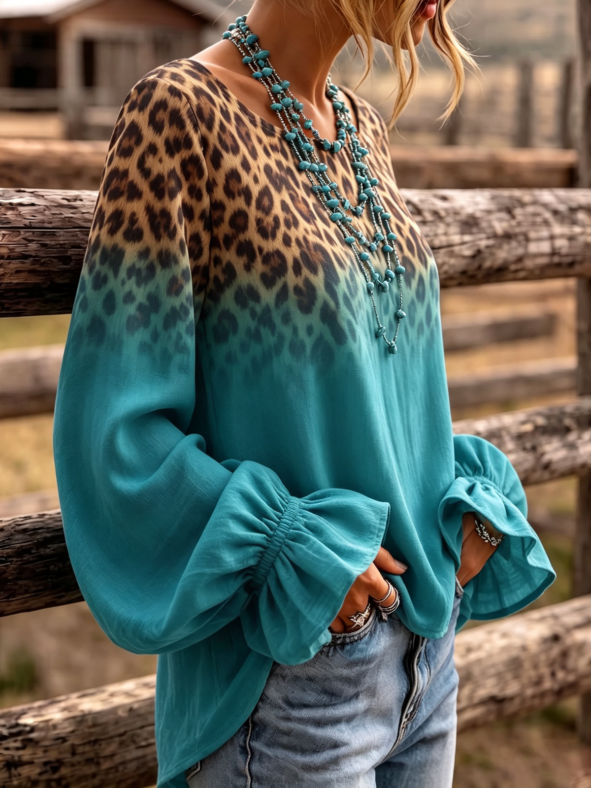 Boho Gradient Leopard Print Ruffle Cuffs Blouse