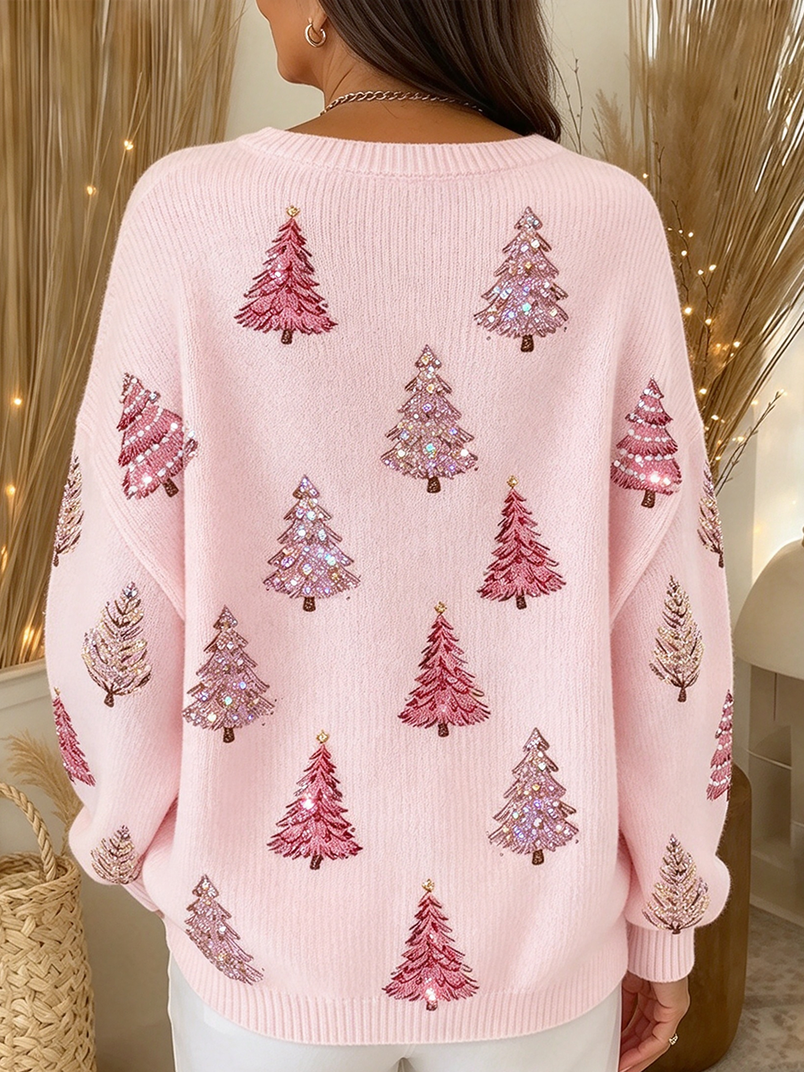 Suéter de punto con diseño de árbol de Navidad rosa, elegante y acogedor